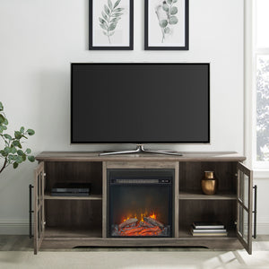 English Elm Walker Edison - Transitional Grey Wash 60" Farmhouse TV Stand with LED Electric Fireplace, 2-Glass Doors, 65" Capable B185P244239