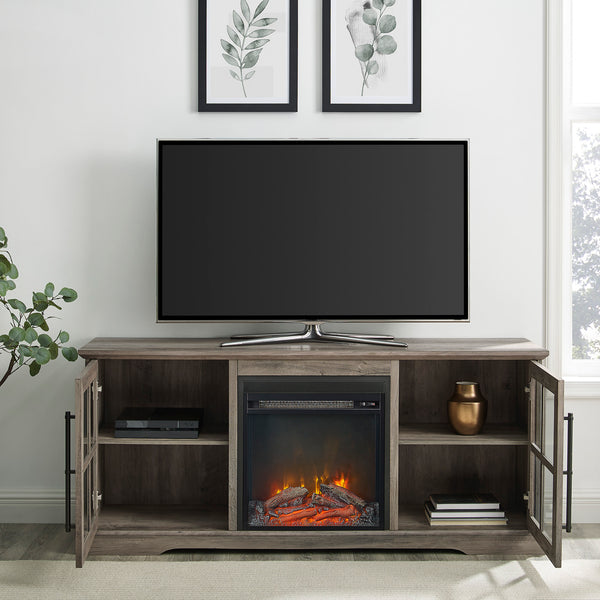 English Elm Walker Edison - Transitional Grey Wash 60" Farmhouse TV Stand with LED Electric Fireplace, 2-Glass Doors, 65" Capable B185P244239