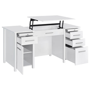 English Elm Rayna White High Gloss Lift-Top 60" Office Desk with 4 Easy-Glide Drawers & Brushed Zinc Hardware B062P351422