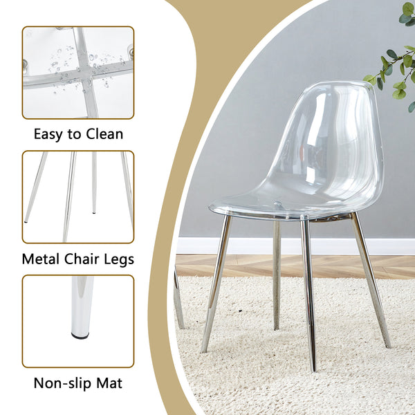 English Elm Table and Chair Set Marble Glass Top Six Ghost Seats Silver Legs Modern Dining W1151S04644