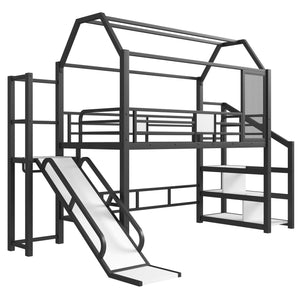 English Elm Twin House Loft Bed with Slide and Stairs, Metal Playhouse with Storage Shelves and Quiet Design Black W1580S00348