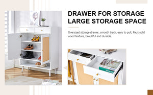 English Elm Modern white storage cabinet with vine rattan design, MDF shoe & bedside organizer, quick assembly, sleek decor W1151P151509