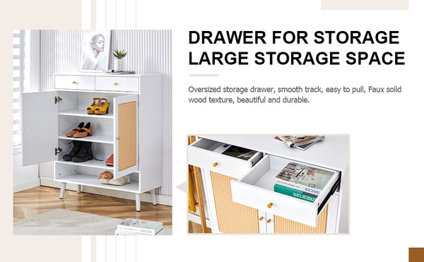 English Elm Modern white storage cabinet with vine rattan design, MDF shoe & bedside organizer, quick assembly, sleek decor W1151P151509