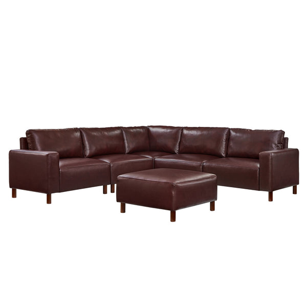 English Elm Modern Modular L-shaped Sectional in Matte Pu Leather with Ottoman Six Piece Burgundy W1097S00265