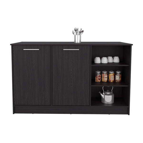 English Elm Kitchen Island Leoti Black Engineered Wood with European Ash Countertop, 2 Cabinets for Storage B092S00286