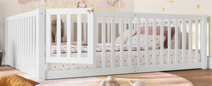English Elm Twin Floor Bed Pine Wood Frame with Guardrails and Door for Safe Toddler Sleep Light White W1580P417670