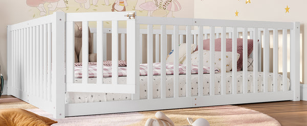English Elm Twin Floor Bed Pine Wood Frame with Guardrails and Door for Safe Toddler Sleep Light White W1580P417670
