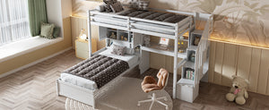 English Elm Twin Over Twin Loft Bed with Built-In Desk, Stairs, Shelving and Storage Headboard for Space-Saving Rooms White GX000465AAK