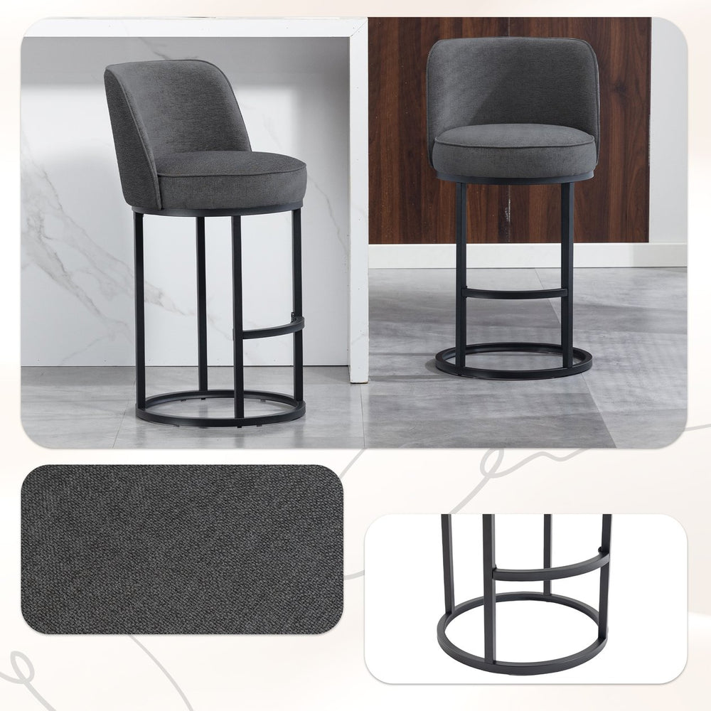 English Elm Counter Height Barstools Set of 2 Linen Upholstered Barrel Seat with Iron Legs Gray W395P410436