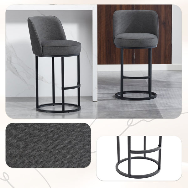 English Elm Counter Height Barstools Set of 2 Linen Upholstered Barrel Seat with Iron Legs Gray W395P410436