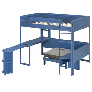 English Elm Full Size Loft Bed with Rotating Desk Led Lighting Sofa and Bookshelf Storage Navy Blue LT000200AAC