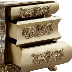 English Elm 3 Drawers Resin Nightstand Gold Finish with Ornate Scrollwork, Durable Wood Frame & Spacious Storage Elegance B016P256530