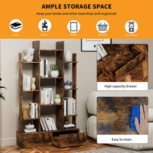 English Elm Bookshelf Rustic Brown 12 Open Shelves & 2 Drawers Industrial Space-Saving Bookcase for Home Office W578P207921