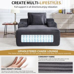 English Elm 67" Corduroy Oversized Chaise Sleeper Sofa Deep Seat Boneless Lounge with Cup Holder Pillows Dark Grey W1803P409258