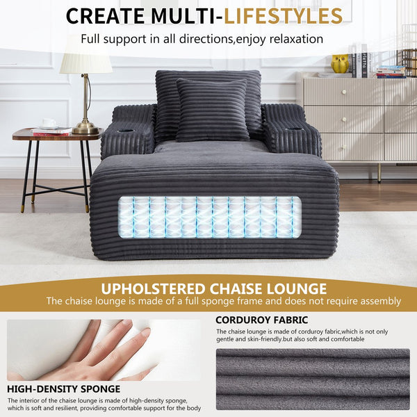 English Elm 67" Corduroy Oversized Chaise Sleeper Sofa Deep Seat Boneless Lounge with Cup Holder Pillows Dark Grey W1803P409258