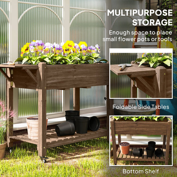 English Elm Convenient Carbonized Fir Wood Raised Planter Box with Wheels Side Tables and Storage T3971P423501