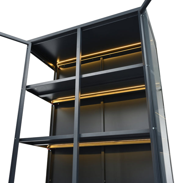 English Elm 76.75'' Steel Curio Cabinet with Led Lights Tempered Glass Doors Vintage Brass Handles SN845P282833C_R