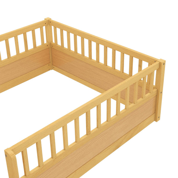 English Elm Full Montessori Floor Bed Frame with Fence for Kids — Pine Play & Reading Space, Sturdy Low Profile Natural W1580P307884