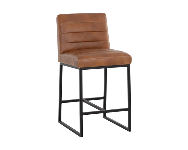 Sunpan Spyros Modern Barstool with Channel Tufting and Sleek Black Powder-Coated Steel Frame for Stylish Spaces Tobacco Tan