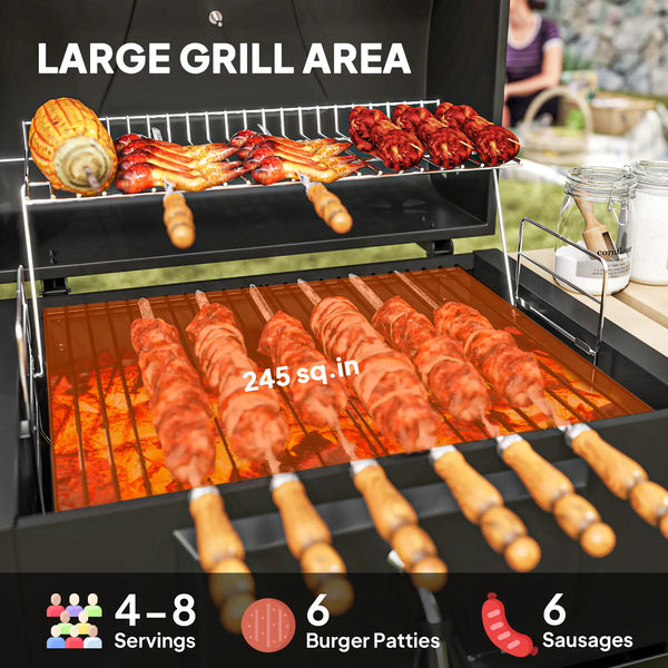 English Elm Charcoal Barrel Grill with Adjustable Heat Control and Enameled Grates for Backyard Cooking T3971P420788
