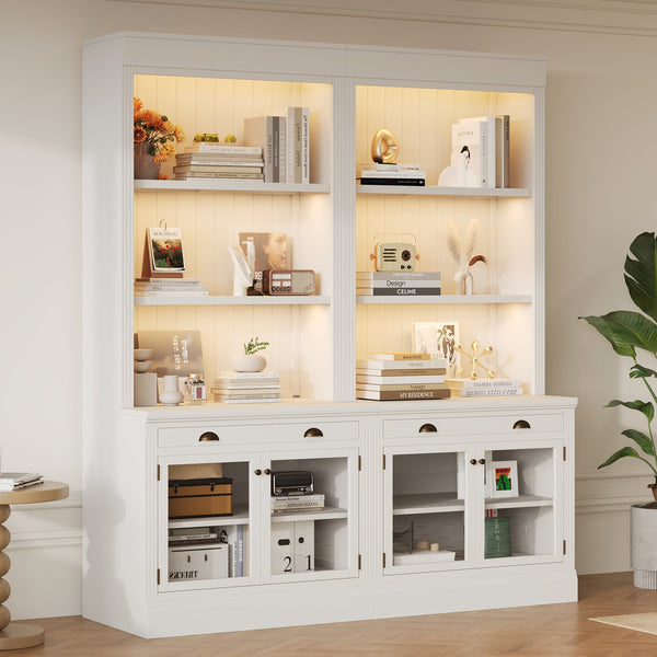 English Elm 83.4"tall Two-piece Bookcase Suite with Led Shelves Tempered Glass Doors Matte Black N751S059521K