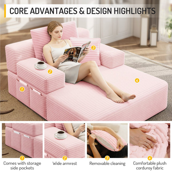 English Elm Luxurious Corduroy Frameless Chaise with Sleeper Conversion Foam Cushioning and Storage Pocket Baby Pink W3219P459763