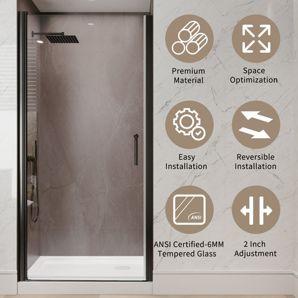 English Elm 36-38 in Frameless Pivot Shower Door Clear Glass Matte Black Hardware Reversible Swing W63777051