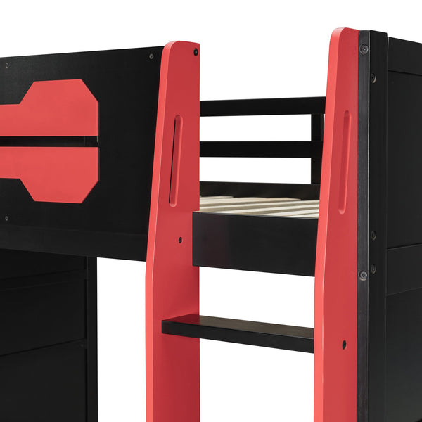 English Elm Full Size Wood Loft Bed with Rgb Lighting Desk Storage and Gaming Console Shelf Red LT000260AAR
