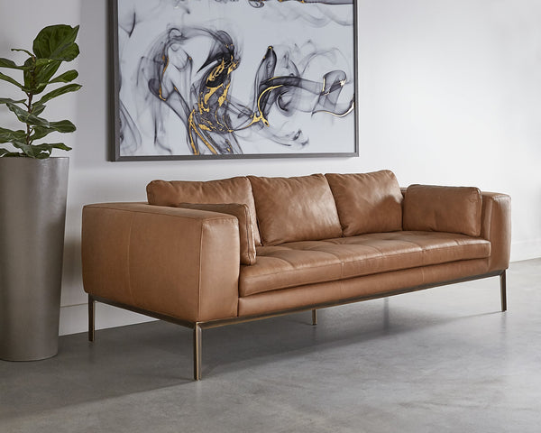 Sunpan Burr Sofa - Modern Masculine Design with Oversized Comfort and Antique Brass Accents for Your Space Behike Saddle Leather