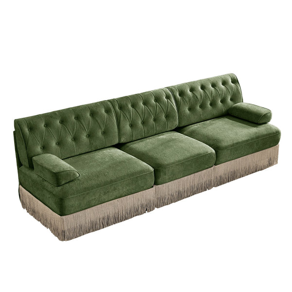 English Elm 3-seater Velvet Tufted Sofa with Tassel Fringe Skirt French Luxe Living Room Seating Green W714S01705