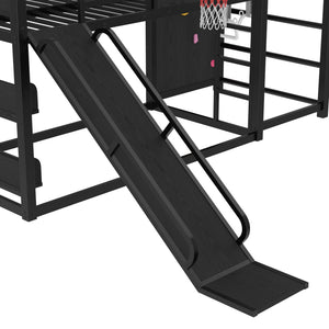English Elm Twin Metal Loft Bed with Slide Basketball Hoop Climbing Wall and Built-in Shelves Black W1580S00342
