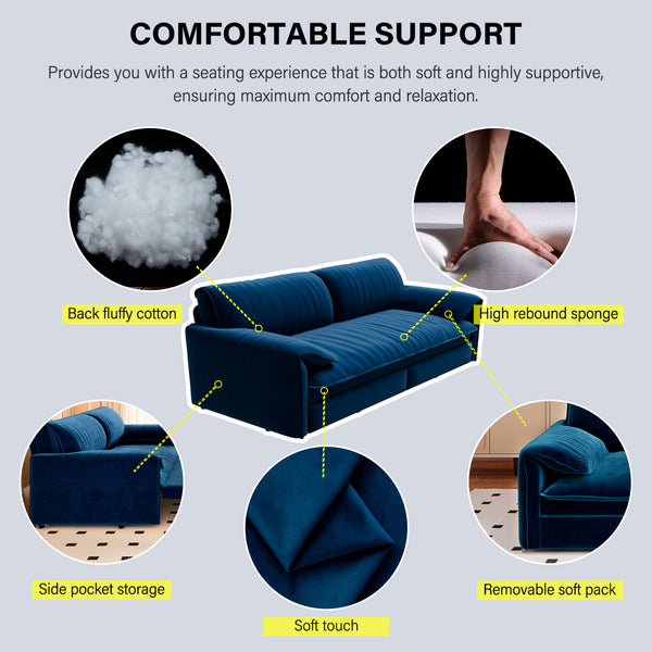 English Elm 66" Queen Sleeper Loveseat Velvet Convertible Sofa with Built-in Side Storage for Living Room Blue W1885S00326