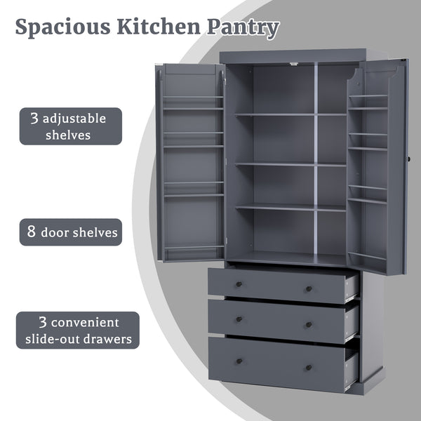 English Elm [Assembly 77in Farmhouse Kitchen Pantry Tall Freestanding Storage Cabinet with 3 Adjustable Shelves, 8 Door Shelves, 3 Drawers, Durable MDF Gray SP000047AAE