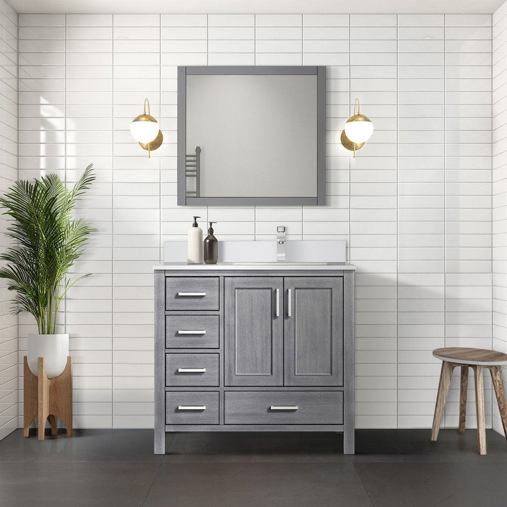 English Elm Distressed Grey 36" Bath Vanity with Right Offset White Quartz Top, Soft-Close Drawers & Faucet Set B2731P259044