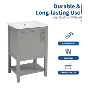 English Elm 20" Matte Freestanding Bathroom Vanity Rubberwood Cabinet Ceramic Sink Open Shelf Grey N725P391115E
