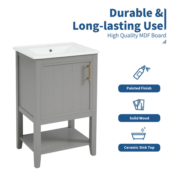 English Elm 20" Matte Freestanding Bathroom Vanity Rubberwood Cabinet Ceramic Sink Open Shelf Grey N725P391115E