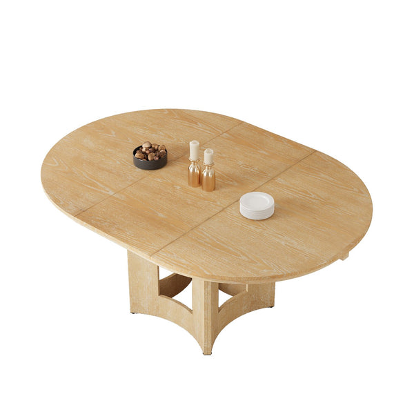 English Elm Topmax Farmhouse Round Pedestal Dining Table Extendable Leaf Rubberwood Compact Space Natural Wood N717P336673N