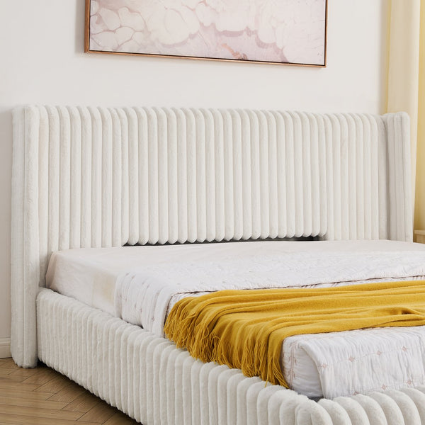English Elm King Corduroy Upholstered Storage Bed Hydraulic Lift Ribbed Plush Cream Platform W1413S00182