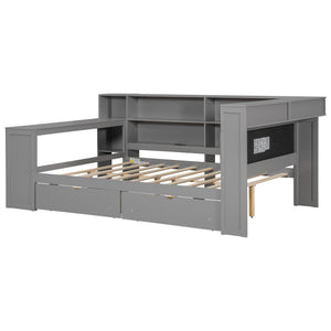 English Elm Wood Full Size Gaming Loft Bed with Integrated Desk, Shelves, LED Lighting & Hanging Clothes Rack Grey N7090001047E