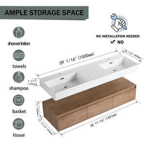 English Elm 60 Inch Wall-Mounted Modern Bathroom Vanity With Dual Resin Sinks, Soft Close Drawers & Chic Design W999S00356