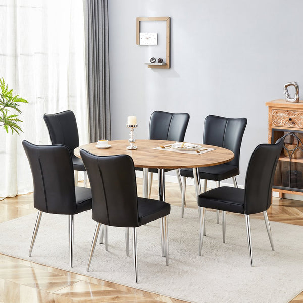 English Elm Table and Chair Set Extendable Round to Oval Wood Grain Mdf with Six Pu Seats W1151S03961