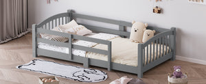 English Elm Twin Montessori Floor Bed Solid Pine Frame with Safety Guardrails for Kids Bedroom Gray N733P400298E