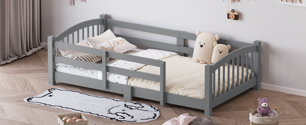 English Elm Twin Montessori Floor Bed Solid Pine Frame with Safety Guardrails for Kids Bedroom Gray N733P400298E