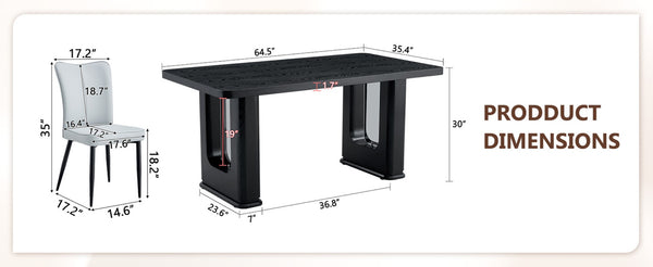 English Elm Table Set: Modern Black Wood Dining Table With 6 Light Gray Pu Chairs For Stylish, Comfortable Meals W1151S04313-GIGA