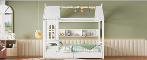 English Elm Twin House Platform Bed with Drawers & Shelves, Solid Wood Playhouse Frame for Kids, Cozy Design Light White W1580S00265