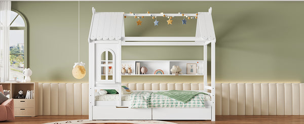 English Elm Twin House Platform Bed with Drawers & Shelves, Solid Wood Playhouse Frame for Kids, Cozy Design Light White W1580S00265