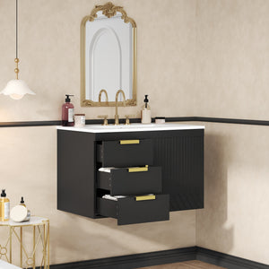 English Elm 30" Wall Mounted Bathroom Vanity with Ceramic Basin Sink, Floating Storage, Soft-Close Doors, Modern Elegance Black N710P324096B