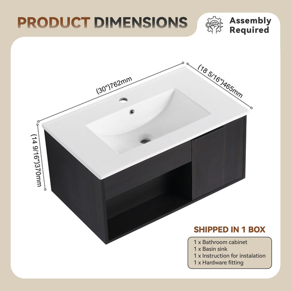 English Elm 30" Floating Bathroom Vanity Dark Oak Cabinet Ceramic Sink Open Shelf Soft Close W3450P435831