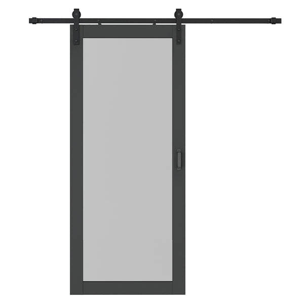 English Elm 30 in Matte Black Steel Sliding Barn Door Frosted Glass Privacy Panel with Hardware B2763P483231