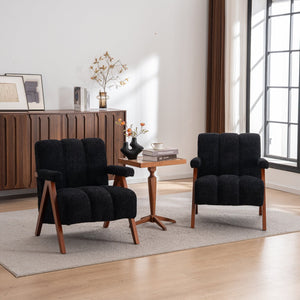 English Elm Mid-century Modern Chenille Lounge Chair Set Oak Frame Cloud Silhouette Living Room Black W1170S00051